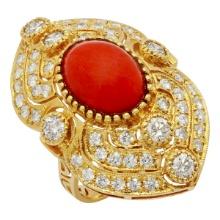 14k Yellow Gold 5.10ct Coral 1.59ct Diamond Ring