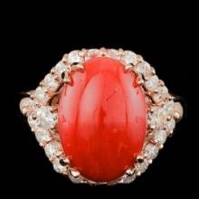 14K Rose Gold 5.38ct Coral and 0.88ct Diamond Ring