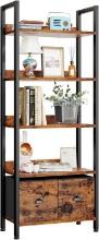 Furologee 5-Tier Bookshelf w/2 Storage Drawers, Rustic Brown, Retail $90.00