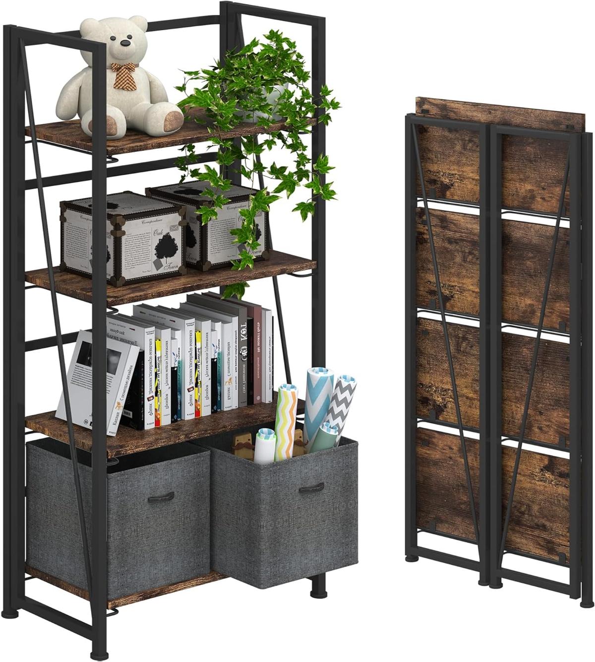 4NM No-Assembly Folding Bookshelf Storage Shelves, 4 Tiers, (Rustic Brown&Black), Retail $130.00