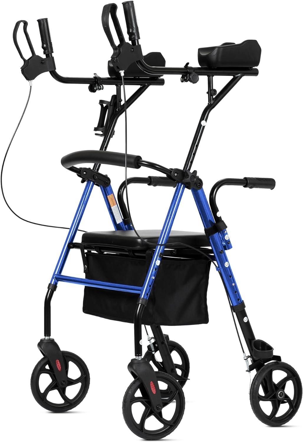 ELENKER Stand Up Rollator Walker w/Padded Seat & Backrest, Blue, Retail $150.00