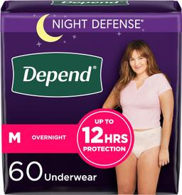 Depend Night Defense Incontinence Underwear, Women, M, Blush, 60 Ct (4 Pks of 15), Retail $50.00