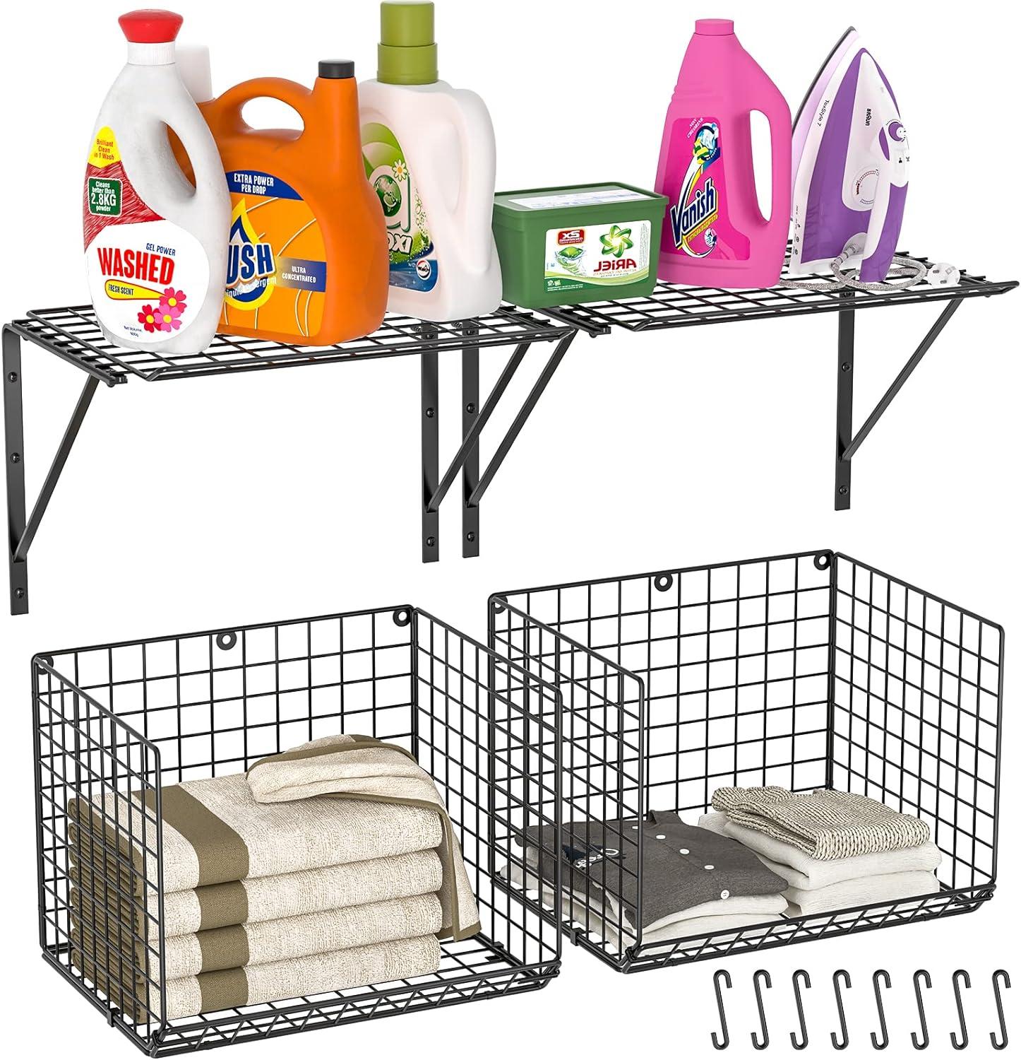 2 Pack Laundry Room Shelves Wall Mounted with Wire Baskets, 8 Hooks, Black, Retail $40.00