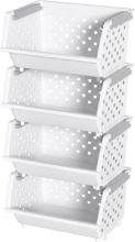 4 Pk Plastic Stacking Basket Organizers, Open Front, White/Blue Handles, Retail $50.00