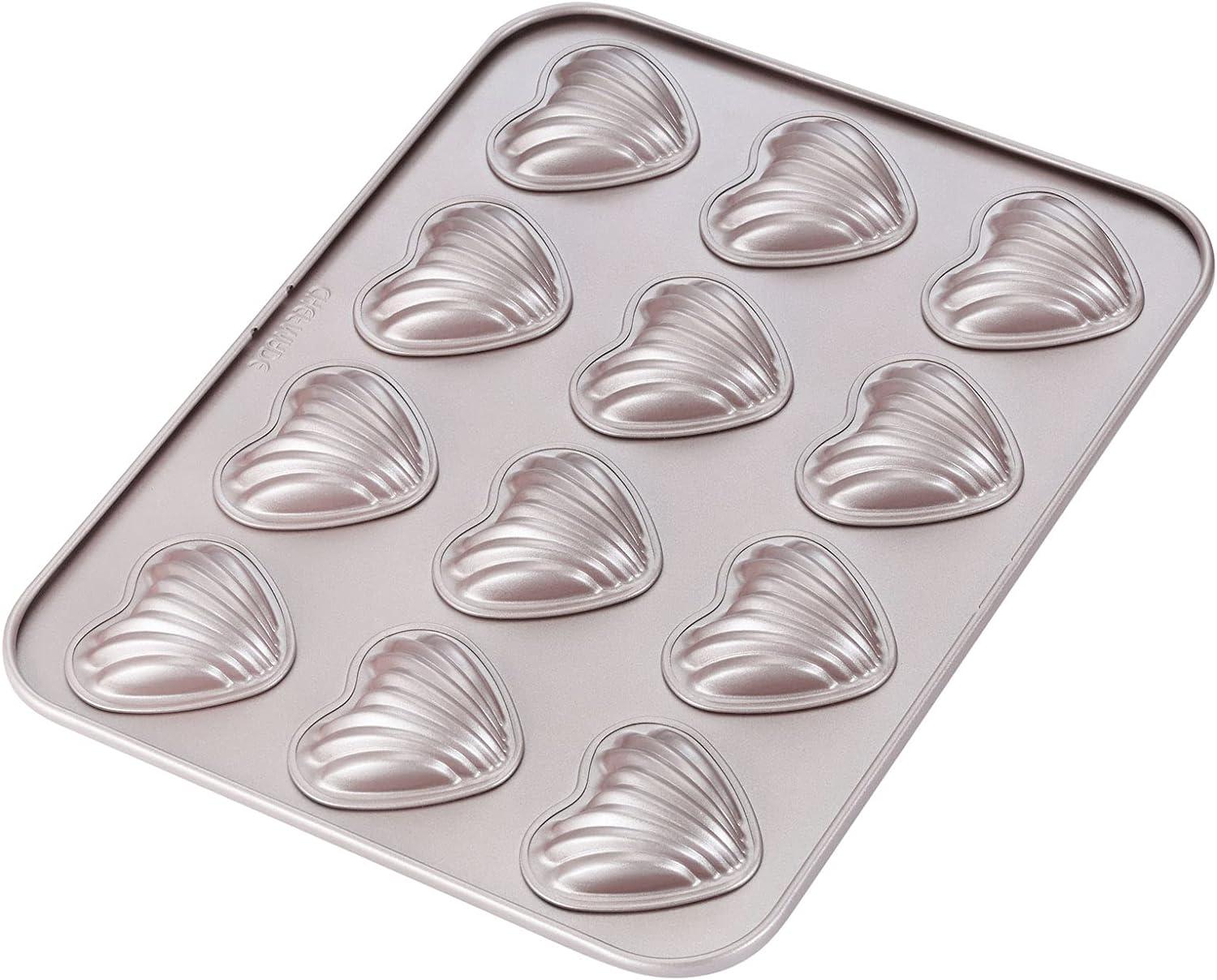 CHEFMADE Madeleine Mold Cake Pan, 12-Cavity,  Heart-Shaped, (Champagne Gold-Tone), Retail $30.00