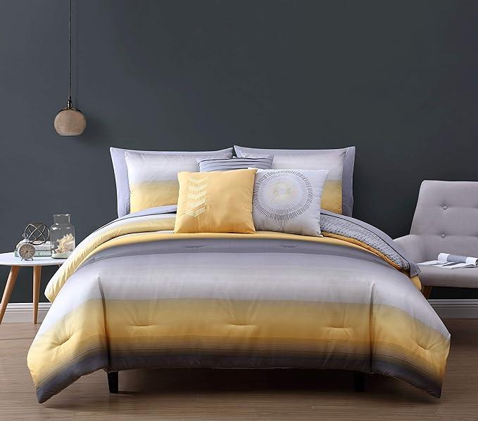 Avondale Manor Cypress Queen 10 Piece Reversible Comforter Set, Yellow Grey, Retail $125.00