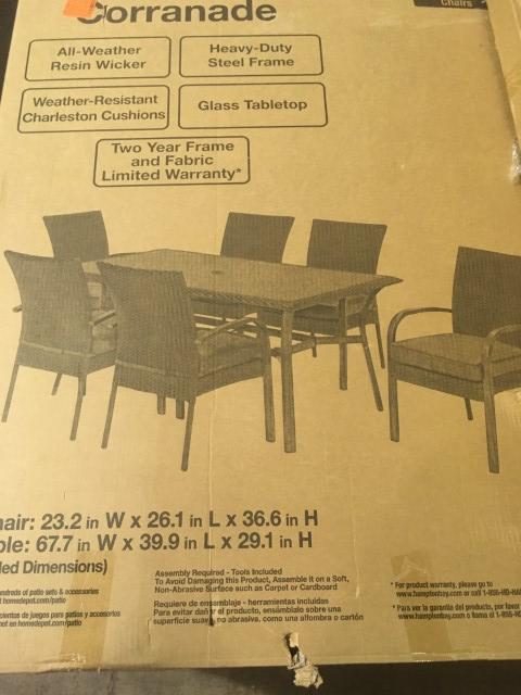 Hampton Bay Corranade 7-Piece Wicker Outdoor Dining Set with Charleston Cushions, $648.7 ERV