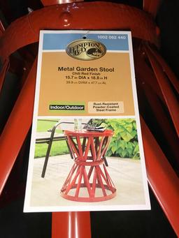 Hampton Bay 18.9 in. Round Metal Garden Stool in Chili. $40 MSRP