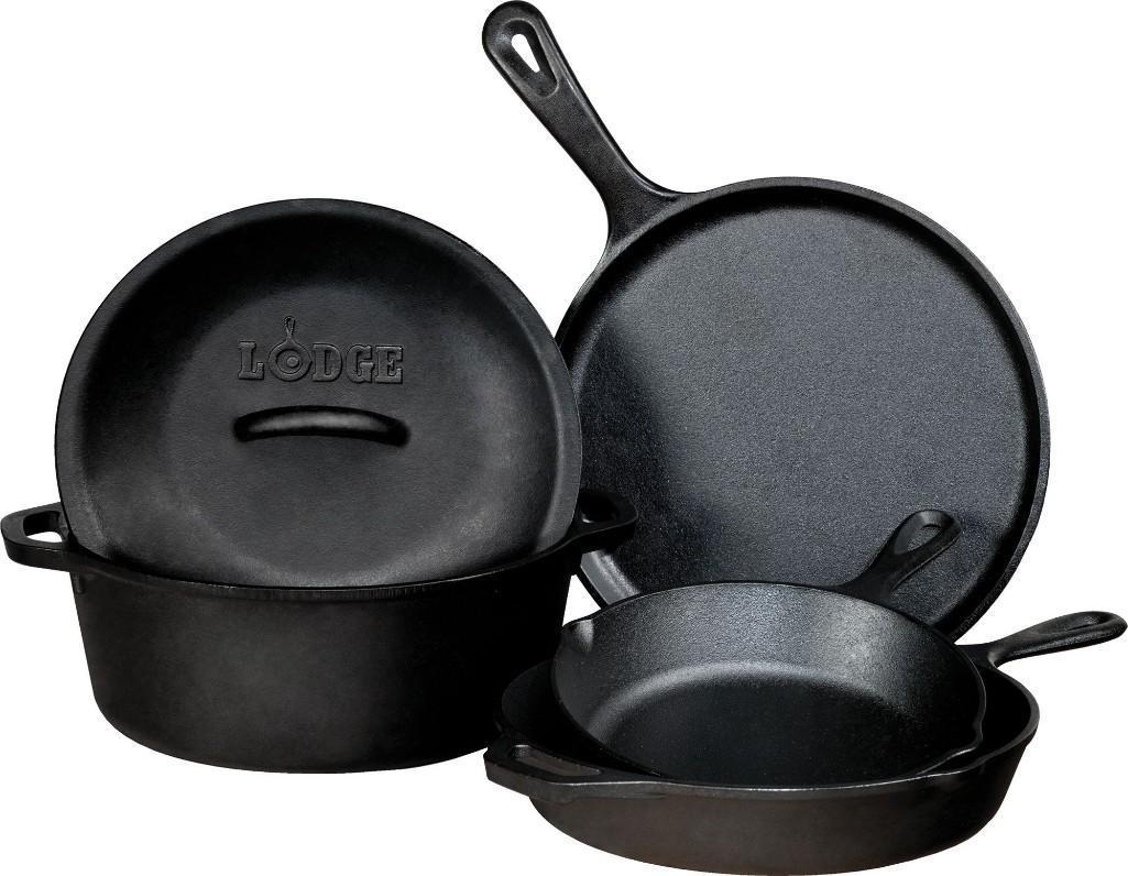 1)Lodge 5 Piece Cast Iron Cookware Set , 2) General Merchandise