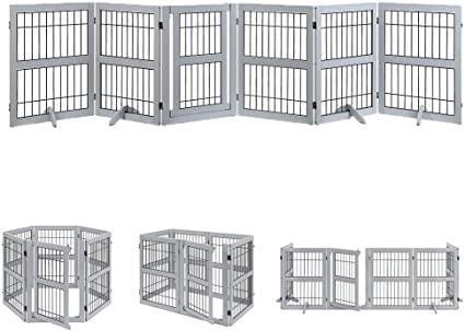 Unipaws Pet Playpen with Wood and Wire, 6 Panels Extra Wide Freestanding Walk Through Dog Gate
