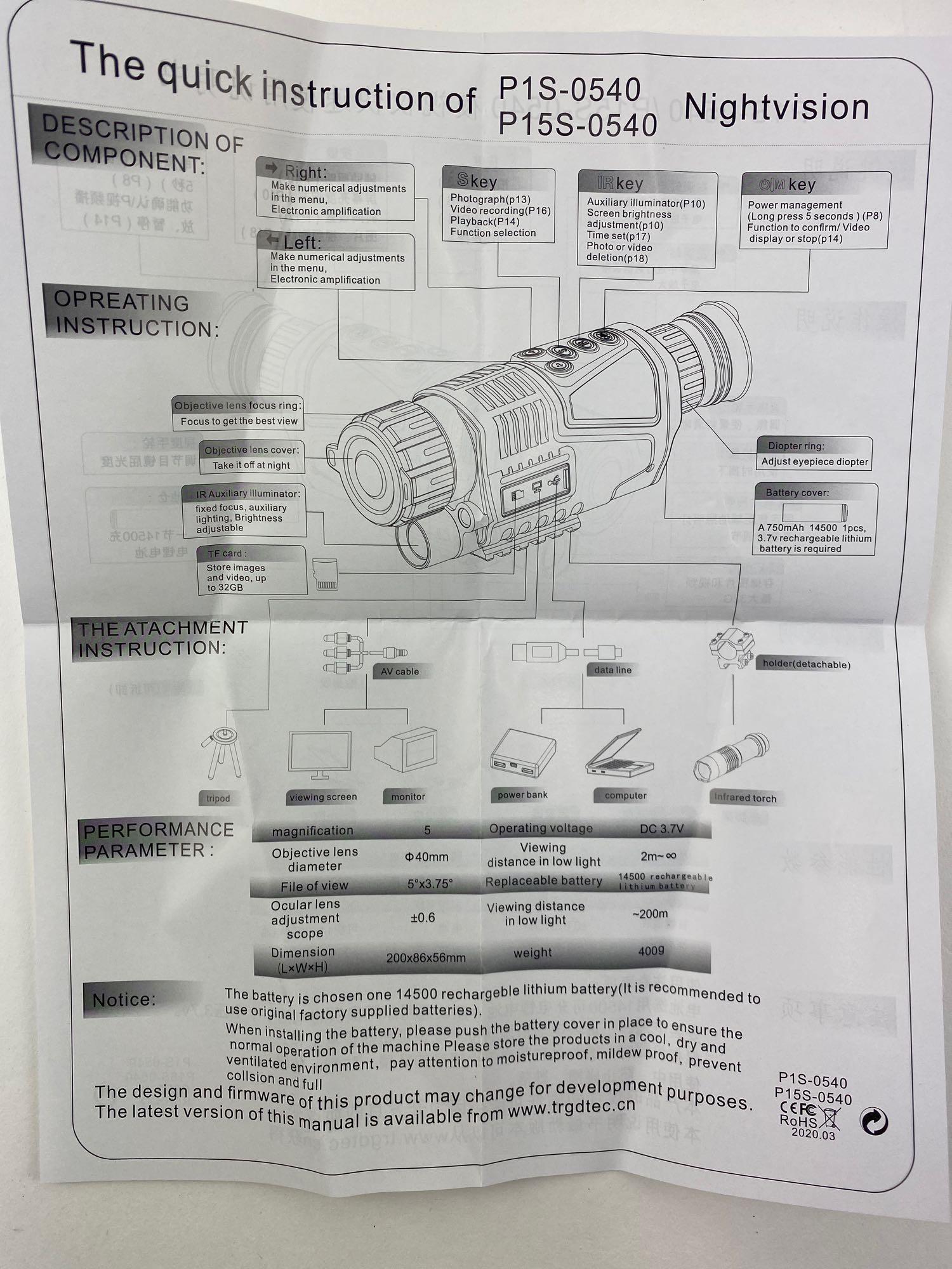 P1S-0540 5x40 Infrared IR Digital Night Vision Monocular Scope, $205.99 MSRP (BRAND NEW)