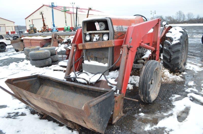 MF 255 tractor w/ MF 236 bucket w/ 60" bucket & pallet forks, 60" material bucket, 16.9-24 rear tire