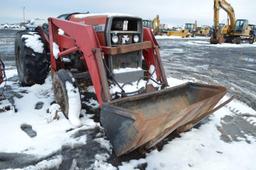 MF 255 tractor w/ MF 236 bucket w/ 60" bucket & pallet forks, 60" material bucket, 16.9-24 rear tire