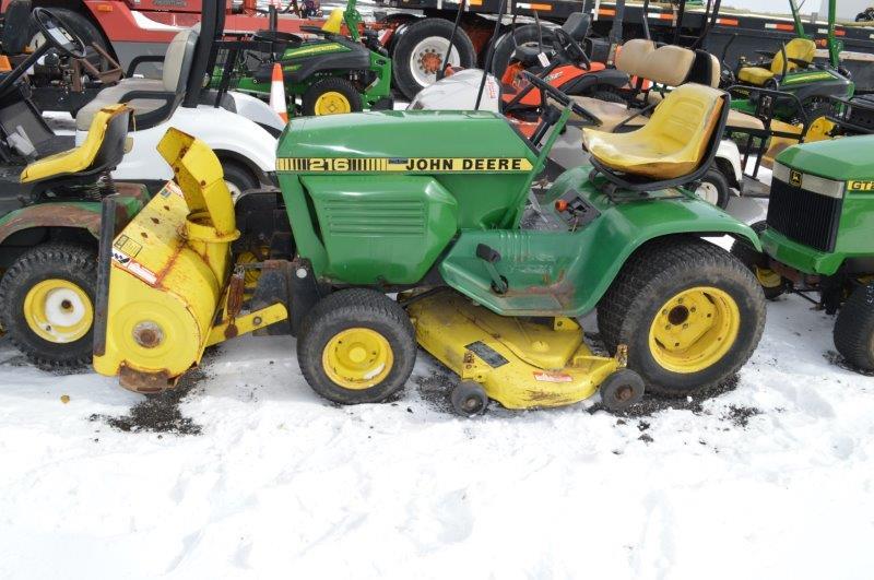 JD 216 riding mower w/ JD 38'' snow blower, 48'' cut,gas