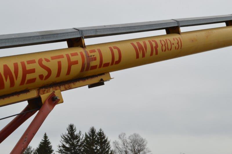 Westfield WR80-31 8''x31' grain auger, w/ 5 hp elec motor, w/ grain hopper