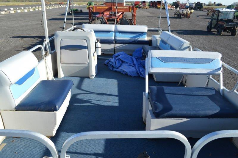 '86 Leisure Island pontoon boat w/ Bimini canopy, Evinrude 70 HP motor, lights, cover, selling with