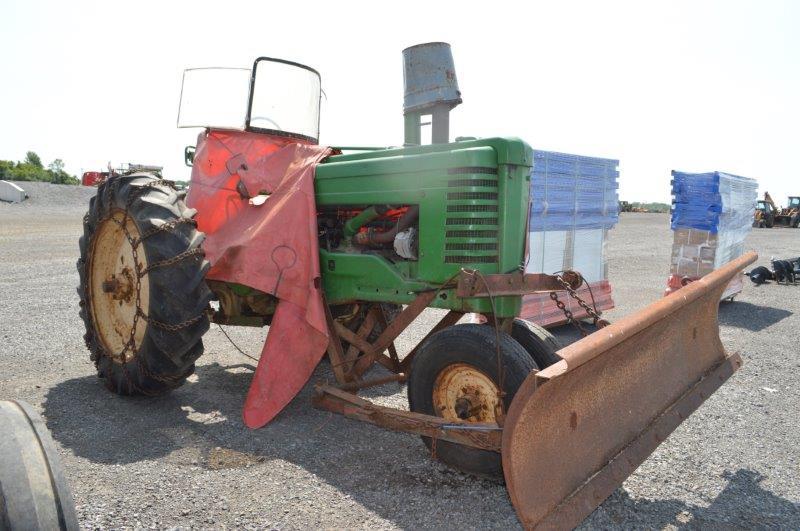 JD A tractor w/ tricycle tires, 7' front blade, tire chains, 540 pto, open station w/ wind guard, (N