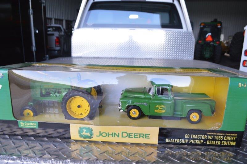 Dealer Addition JD 60 tractor w/ 1955 Chevy Dealership pickup, die-cast metal replica, new in box