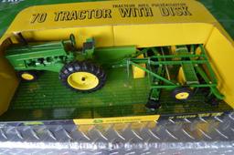 JD 70 tractor w/ disc, die-cast metal replica, new in box