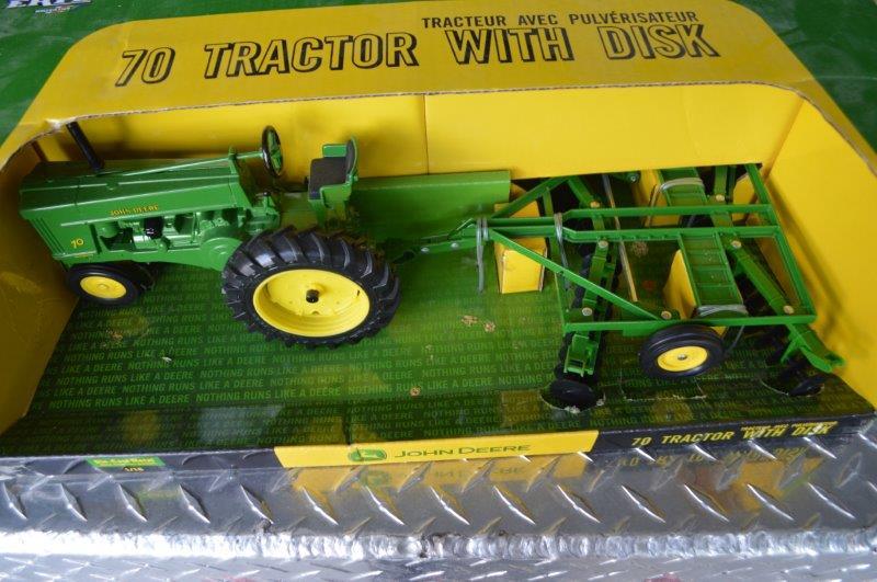 JD 70 tractor w/ disc, die-cast metal replica, new in box