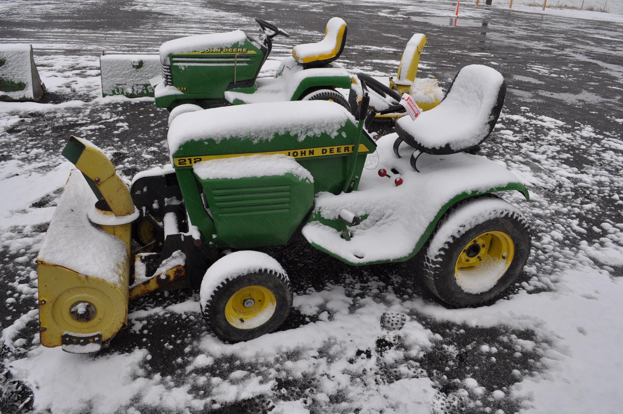 JD 212 lawn tractor w/ 38" snow blower, (runs and drives)