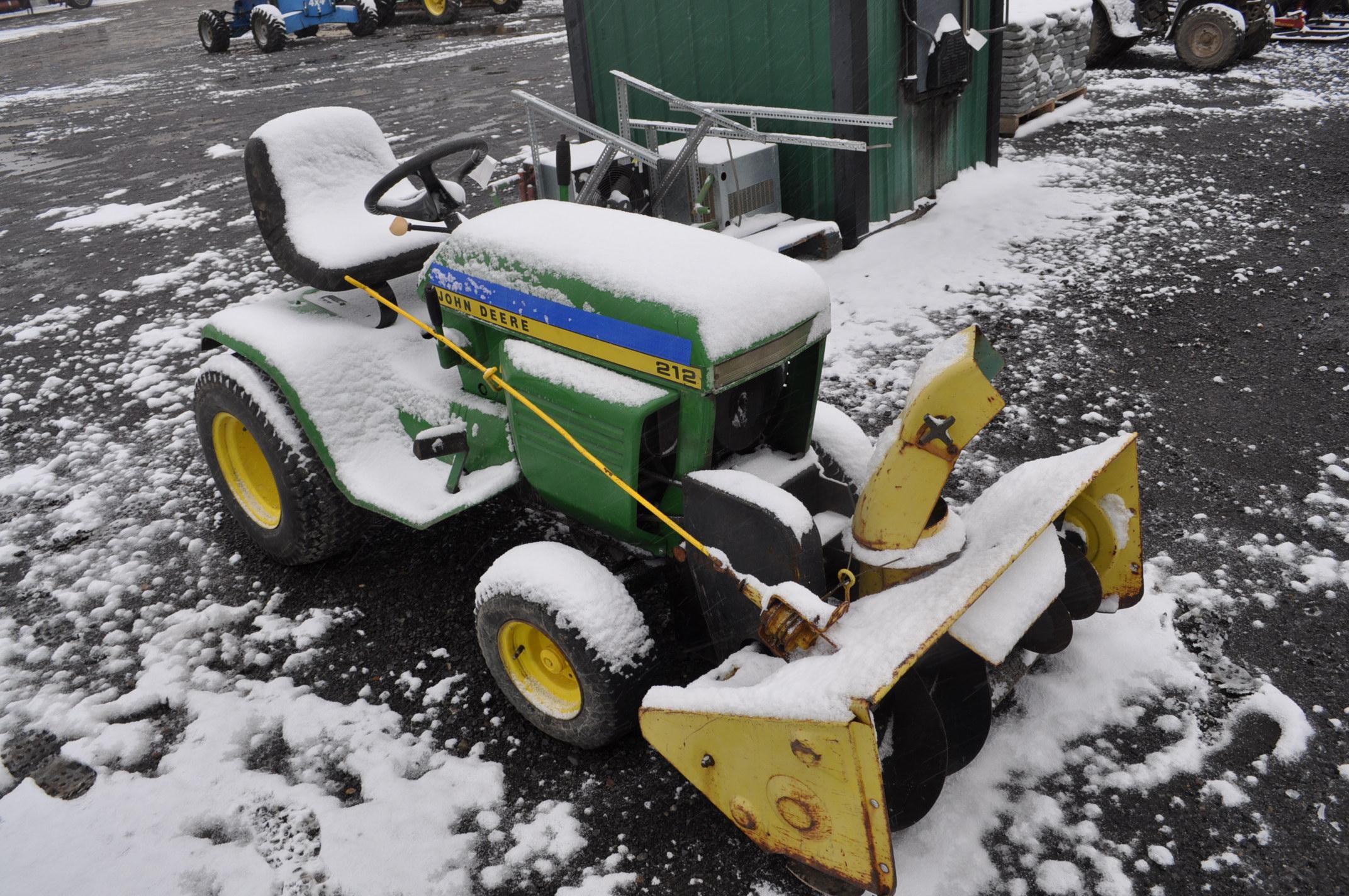 JD 212 lawn tractor w/ 38" snow blower, (runs and drives)