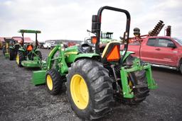 '16 JD 4105 compact w/ H165 loader w/ bucket & forks, 258hrs, hydro, 4wd, diesel, open station w/ RO