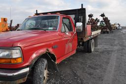 '97 Ford F350 truck w/ 12' stake body w/ new racks, 5spd manual trans, dually, VIN# 1DFKF37H4VEB6651