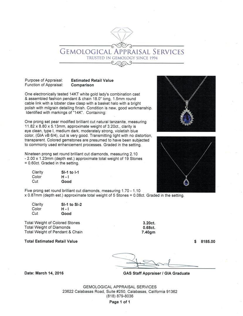 3.20 ctw Tanzanite and Diamond Pendant - 14KT White Gold