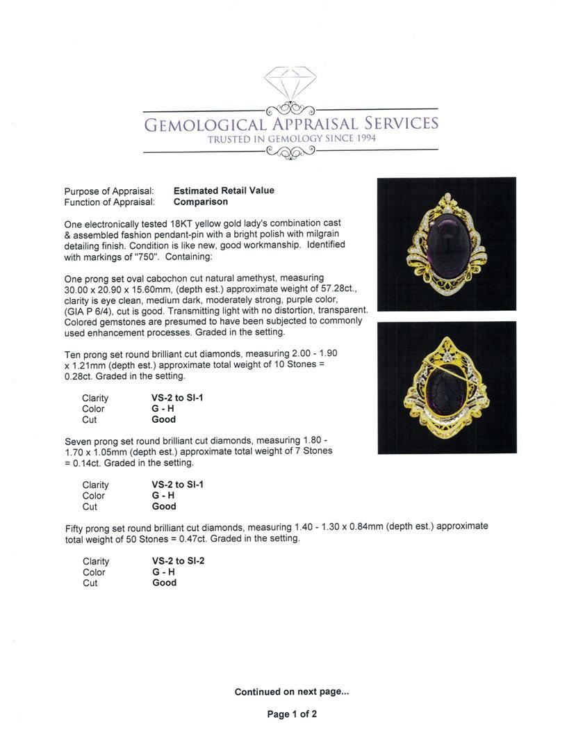 57.28 ctw Amethyst And Diamond Pendant-Pin - 18KT Yellow Gold