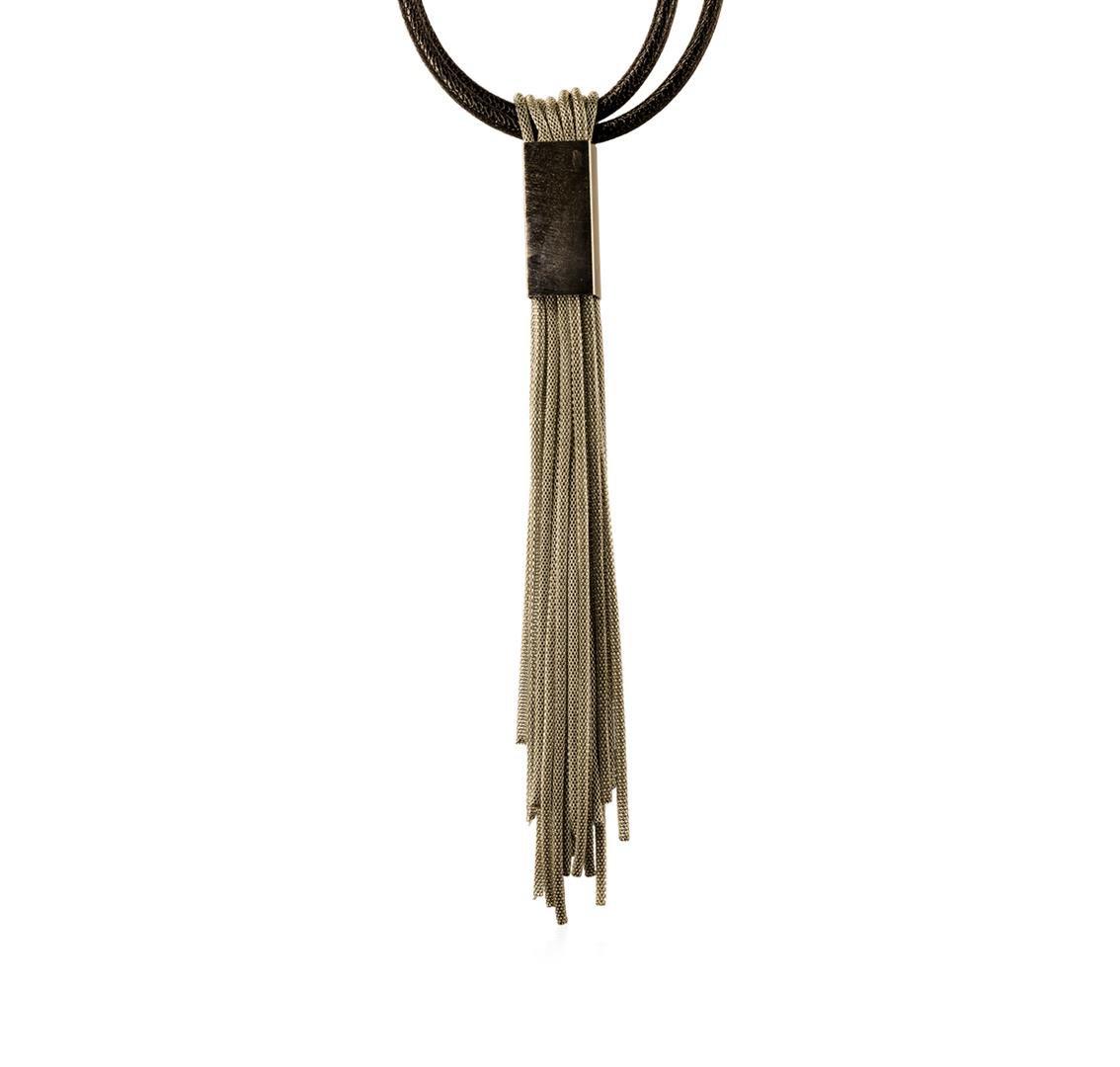 Leather/Mesh Tassel Necklace - Rhodium Plated