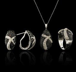 5.45 ctw Black Diamond Pendant and Earrings Set - 14KT White Gold