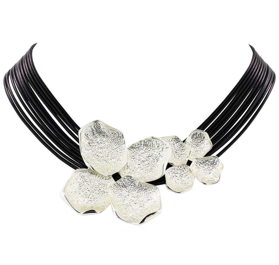 Petal Twin Pendant Multi Strand Necklace - Rhodium Plated