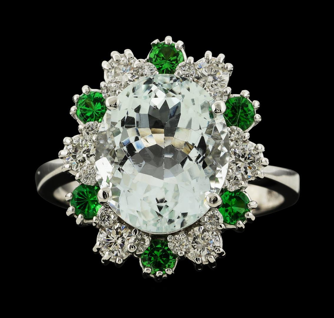 4.40 ctw Aquamarine, Tsavorite and Diamond Ring - 14KT White Gold