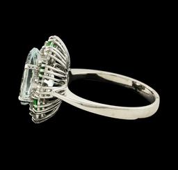 4.40 ctw Aquamarine, Tsavorite and Diamond Ring - 14KT White Gold