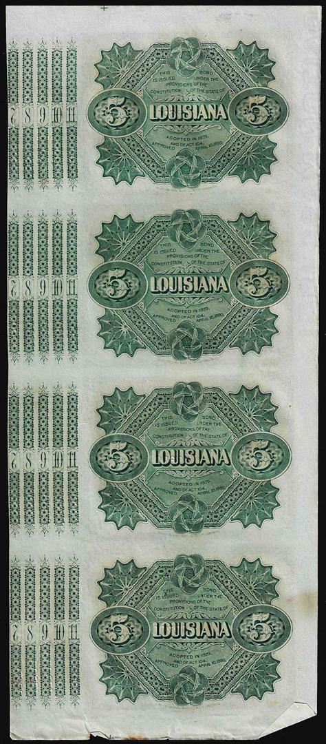 Uncut Sheet of (4) State of Louisiana Baby Bond Obsolete Notes