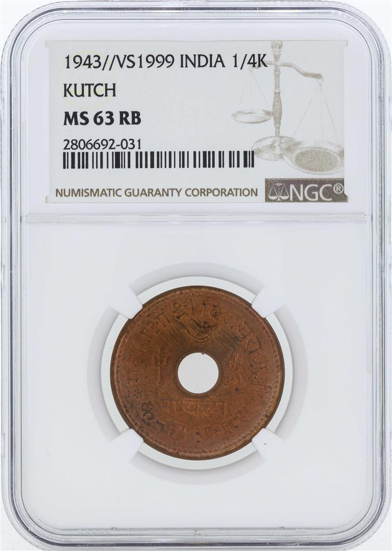 1943/VS1999 India 1/4 Kutch Coin NGC MS63RB