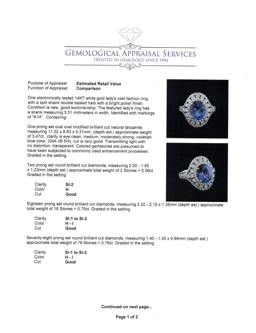 3.47 ctw Tanzanite and Diamond Ring - 14KT White Gold