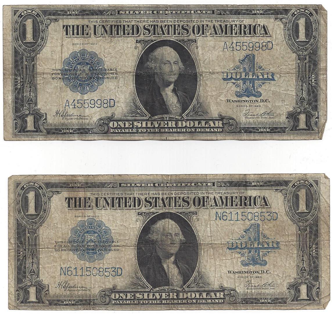 1923 $1 Large Silver Certificate Speelman / White Notes Lot of 2