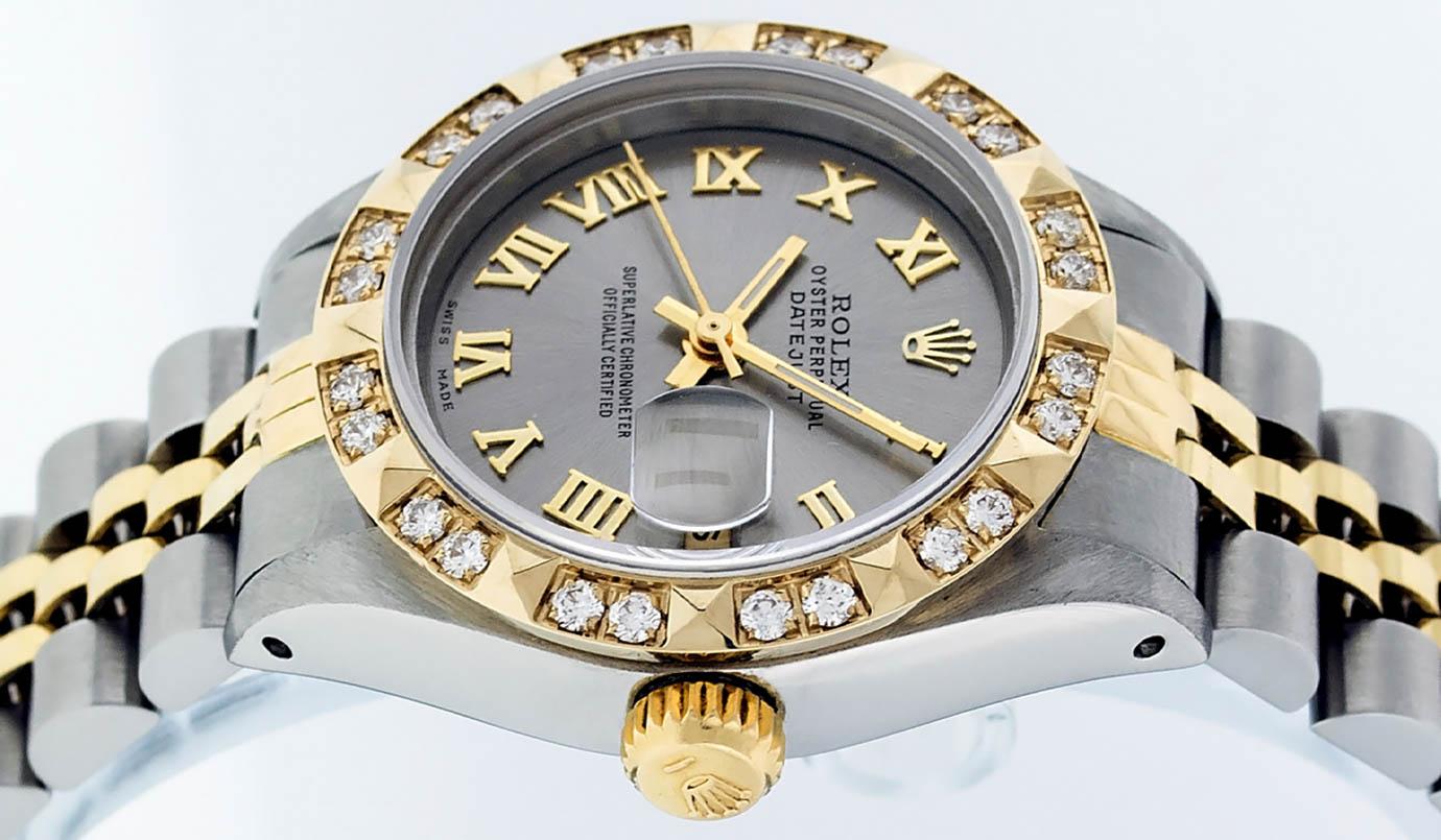 Rolex Ladies 2 Tone 14K Gray & Pyramid Diamond Datejust Wriswatch