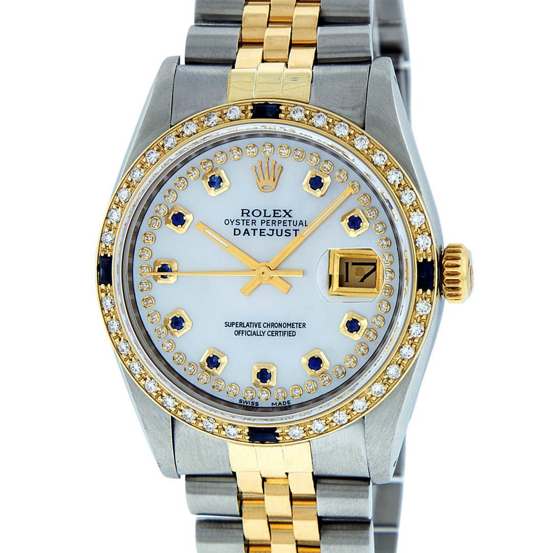 Rolex Mens 2 Tone 14K Mother Of Pearl Diamond & Sapphire Datejust Wristwatch