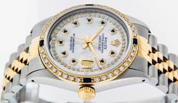 Rolex Mens 2 Tone 14K Mother Of Pearl Diamond & Sapphire Datejust Wristwatch