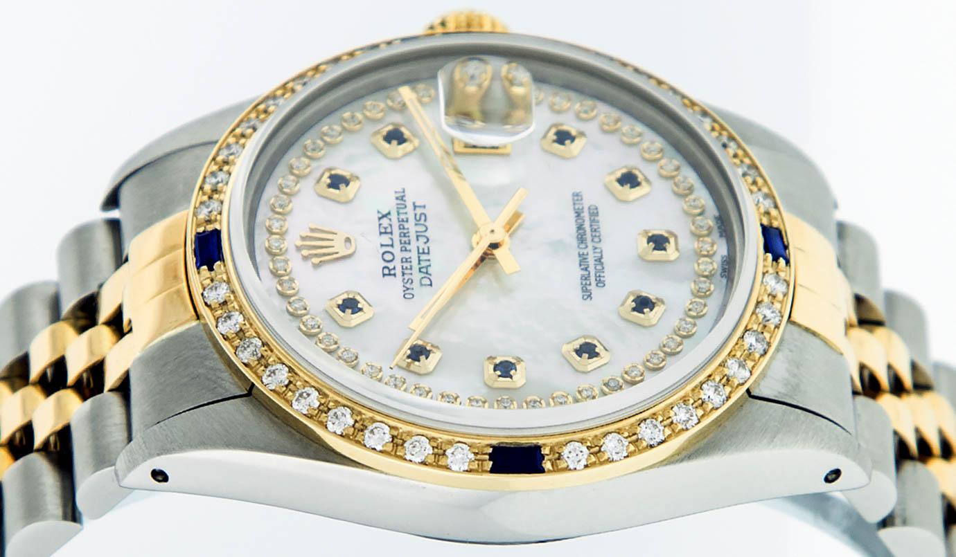 Rolex Mens 2 Tone 14K Mother Of Pearl Diamond & Sapphire Datejust Wristwatch