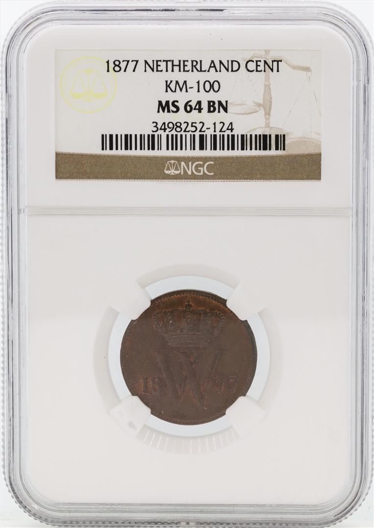 1877 Netherland Cent KM-100 NGC MS64 BN