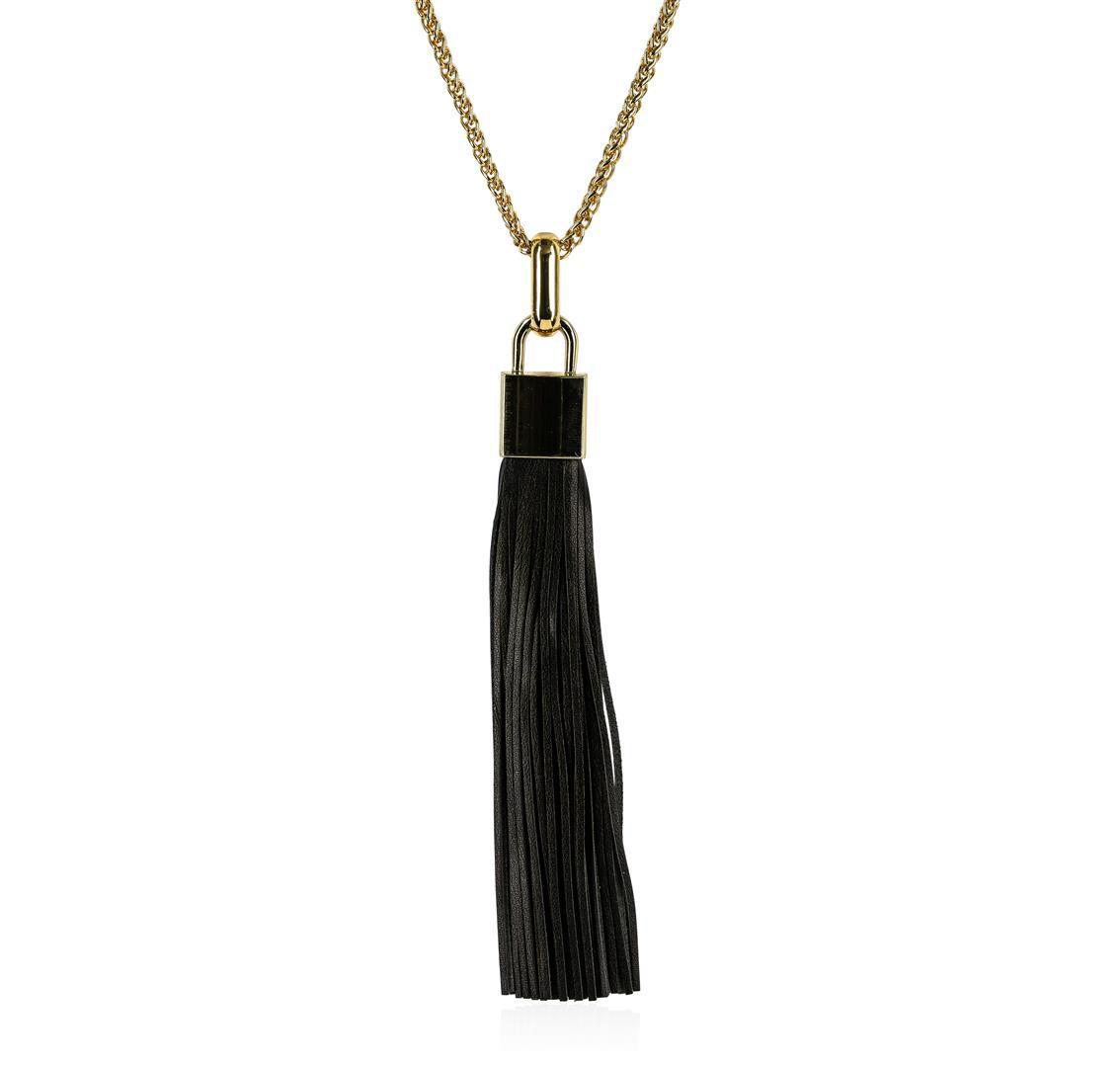 Leather Tassel Square Pendant Chain Necklace - Gold Plated