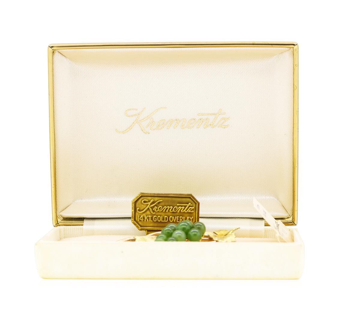 Vintage Krementz Genuine Jade Brooch with 14KT Gold Overlay with Original Box