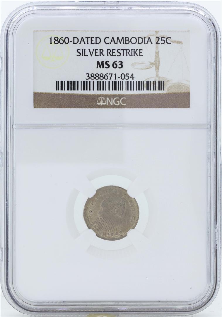 1860 Dated Cambodia 25 Centimes Silver Restrike Coin NGC MS63