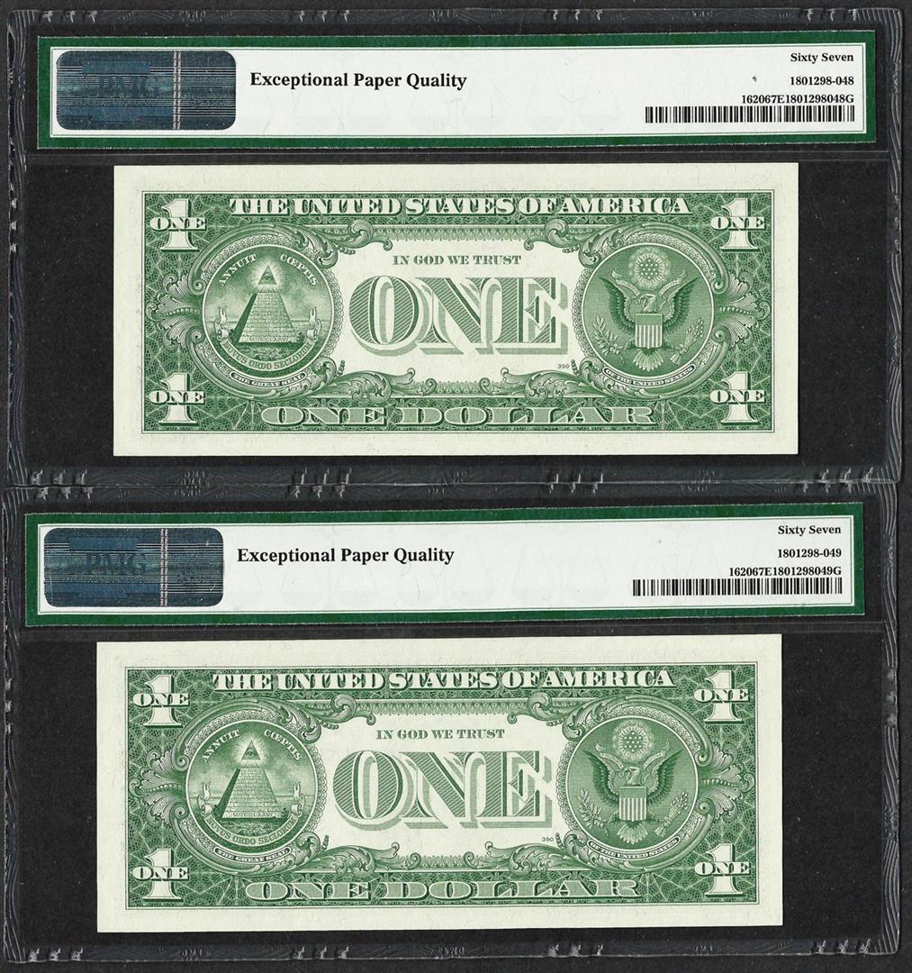 Lot of (2) Consecutive 1957A $1 Silver Certificate Notes PMG Superb Gem Unc 67EP