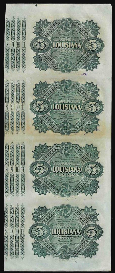 Uncut Sheet of (4) State of Louisiana Baby Bond Obsolete Notes