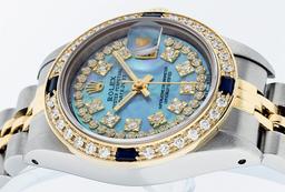 Rolex Ladies 2 Tone 14K Blue MOP Diamond & Sapphire Datejust Wriswatch